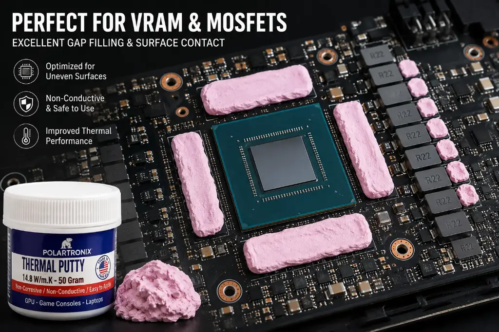 Polartronix High Performance Thermal Putty – 14.8 W/m·K Non-Conductive Moldable Thermal Gap Filler for GPU, VRAM, VRM, Laptop, PS5 & Xbox, 50g Jar (USTPY50)