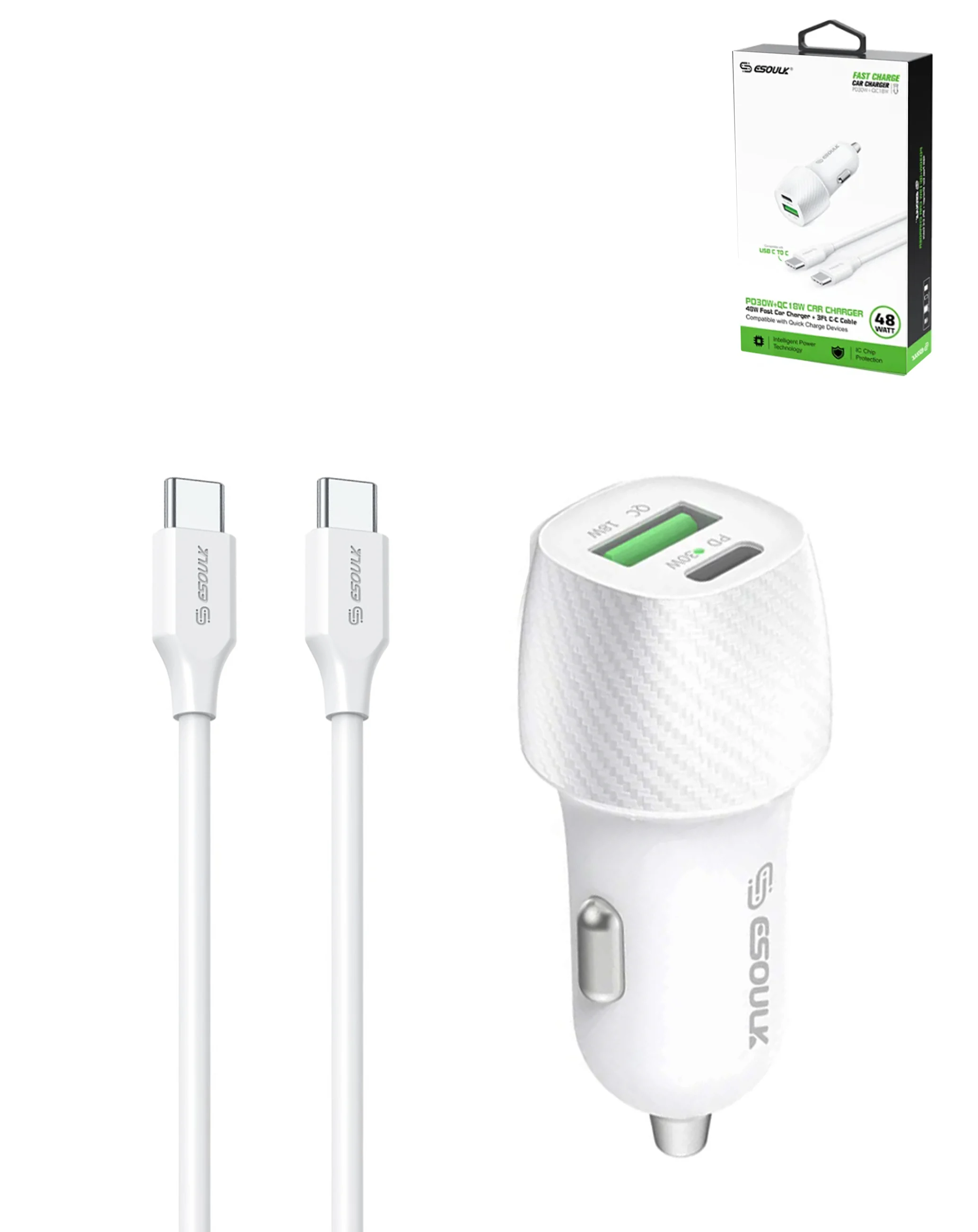 [ACE-EK2007-UATC-C2C-48W-3FT-WH] Esoulk EK2007 48W PD&QC USB-A to USB-C Car Charger with USB-C to USB-C Cable (3 ft) (White)