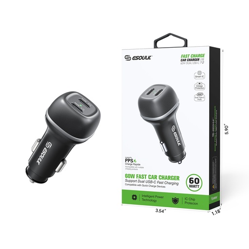 [ACE-EK2004-TC-60W-BK] Esoulk EK2004 60W Dual USB-C Car Charging Plug (Black)