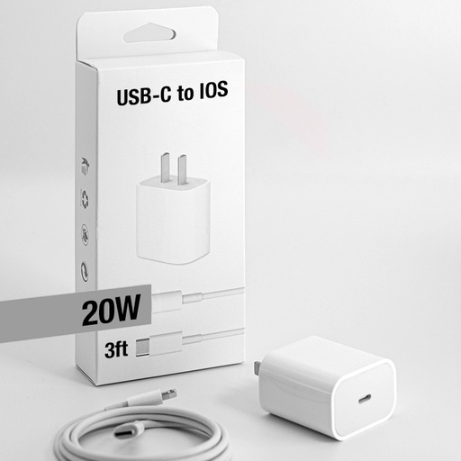 [ACE-USB-C2L-20W-WB] USB-C / PD Fast Charger / 20W Power Adapter with USB-C to USB-L Cable (3 ft) (White)