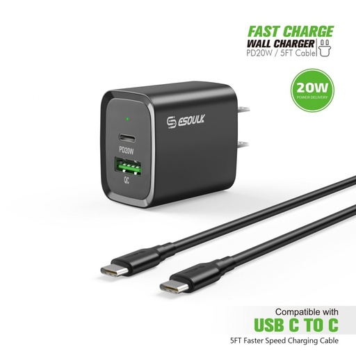 [ACE-EC49-CC-BK] Esoulk EC49-CC 20W PD/QC Wall Charger & Cable for USB-C to USB-C (5 ft) (Black)