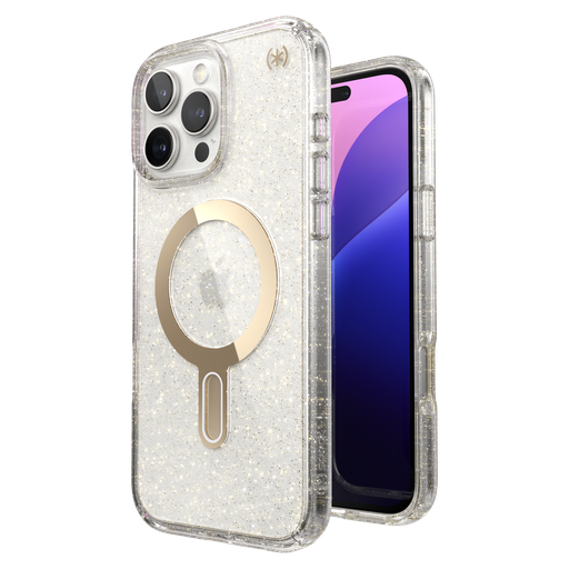 [150730-9221] Speck - Presidio Lux Case With Clicklock For Apple Iphone 16 Pro Max - Gold Glitter And Clear