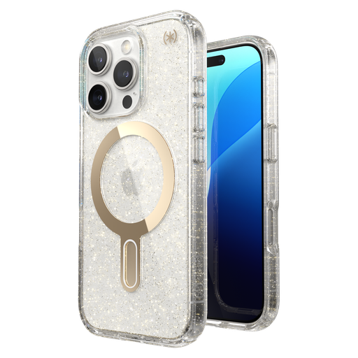 [150706-9221] Speck - Presidio Lux Case With Clicklock For Apple Iphone 16 Pro - Gold Glitter And Clear