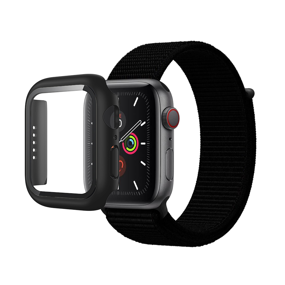 Nylon Weave iWatch Band & Bumper w/tempered glass 45mm - Black