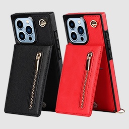 Zipper Card Stand Case with Cross Body Strap for iPhone 15