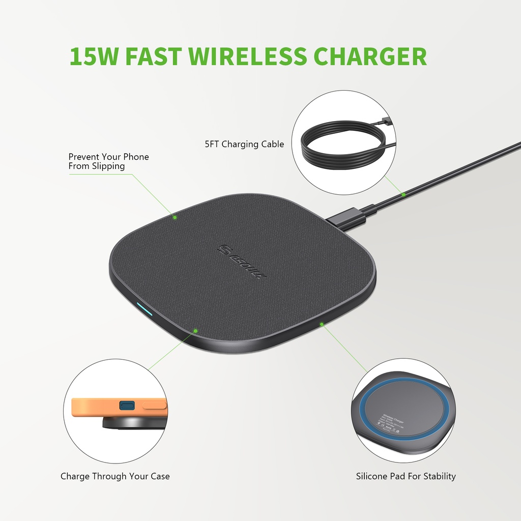 QI 15W Wireless Charging Pad Fast Charger 5ft - Black