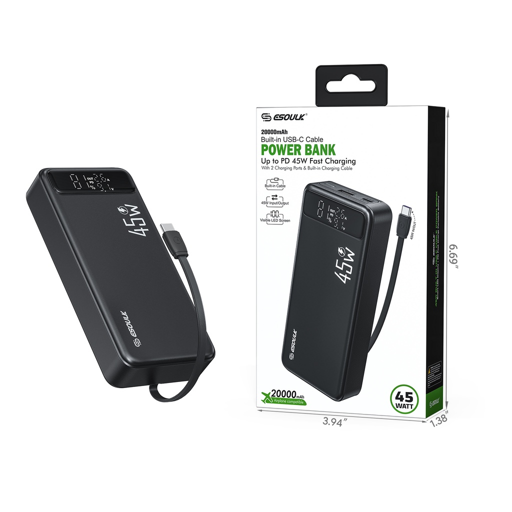 ESOULK 20000mAh PD 45W Built-in USB-C Cable Power Bank (6/24) Fast Charging