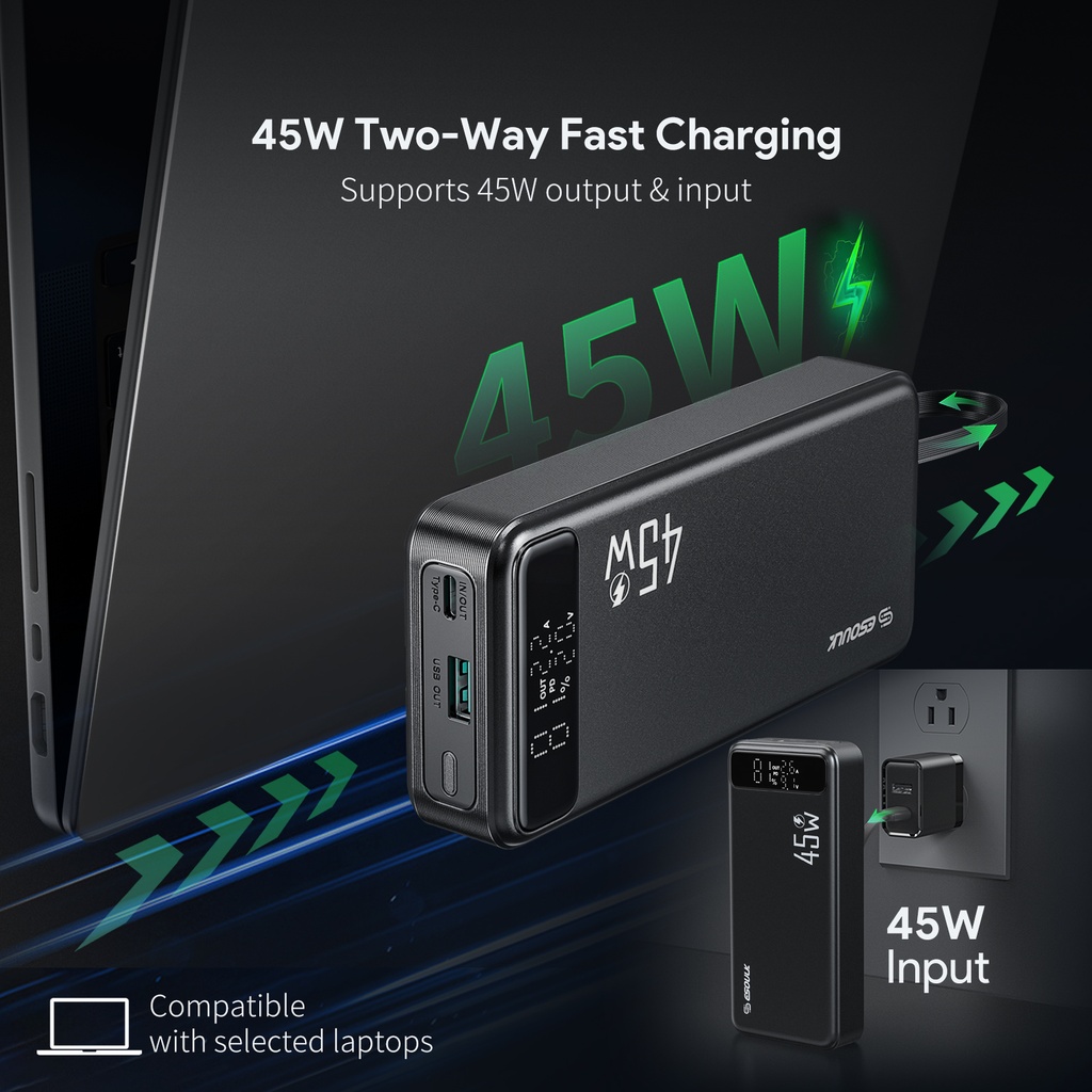 ESOULK 20000mAh PD 45W Built-in USB-C Cable Power Bank (6/24) Fast Charging