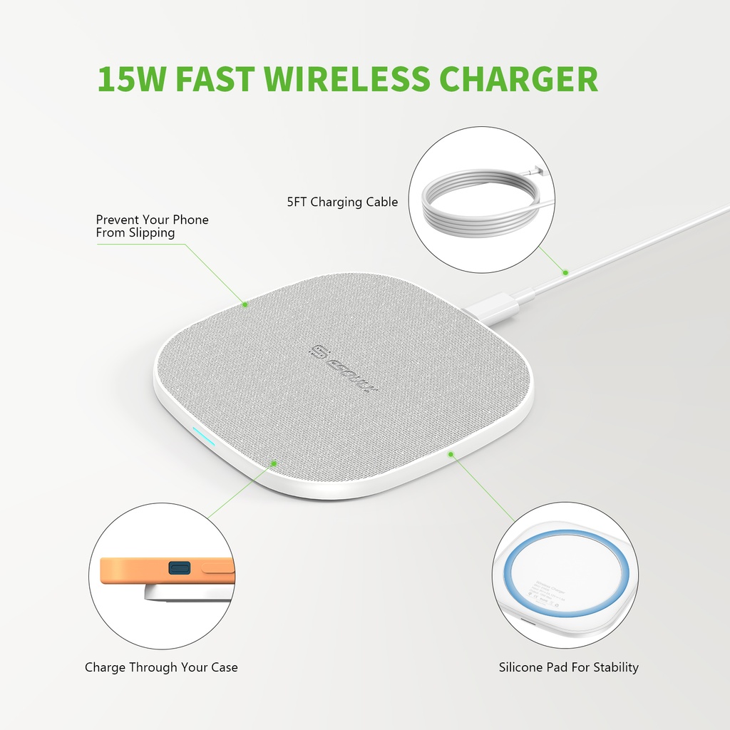 Esoulk QI 15W Wireless Charging Pad Fast Charger 5ft - White