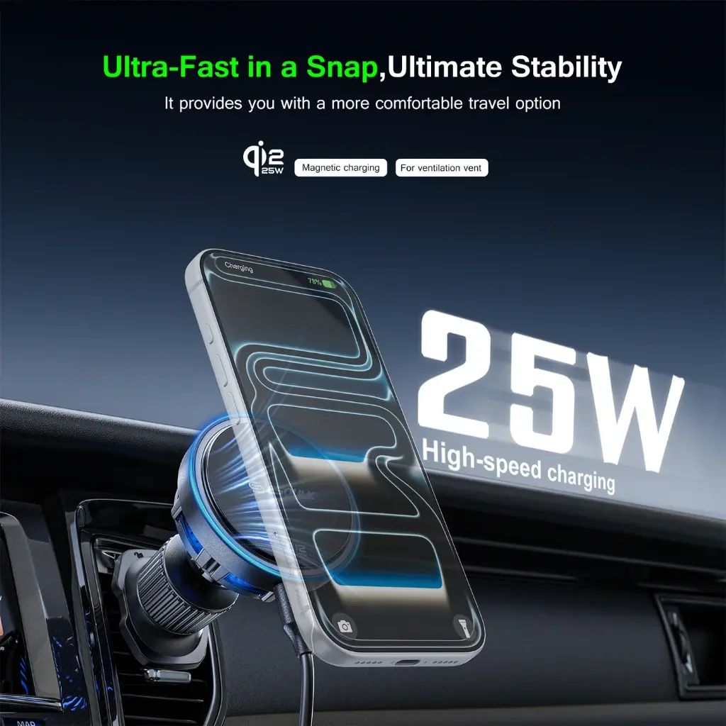 Esoulk EK6013-02 25W Qi2.2 Cooling Magnetic Wireless Air Vent Car Charger (Black)