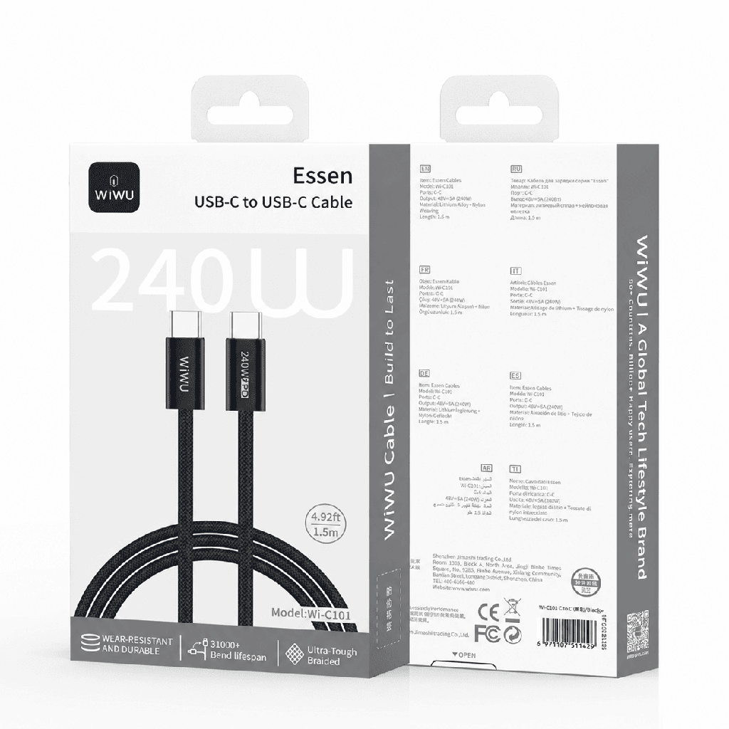 WiWU Essen Wi-C101 240W USB-C to USB-C Braided Cable 1.5m (Black)