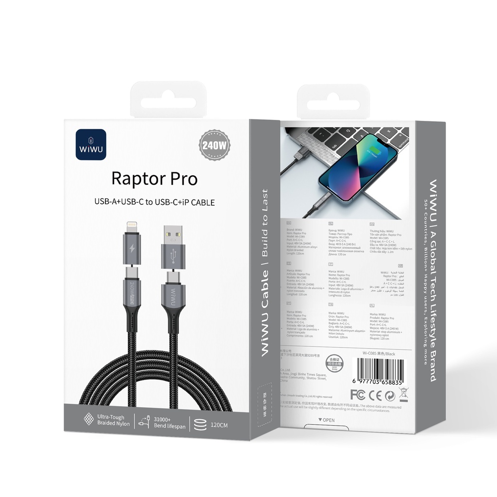 WiWU Raptor Pro Wi-C085 240W 4-in-1 A+C to C+L Cable 1.2m (2nd Gen) (Black)