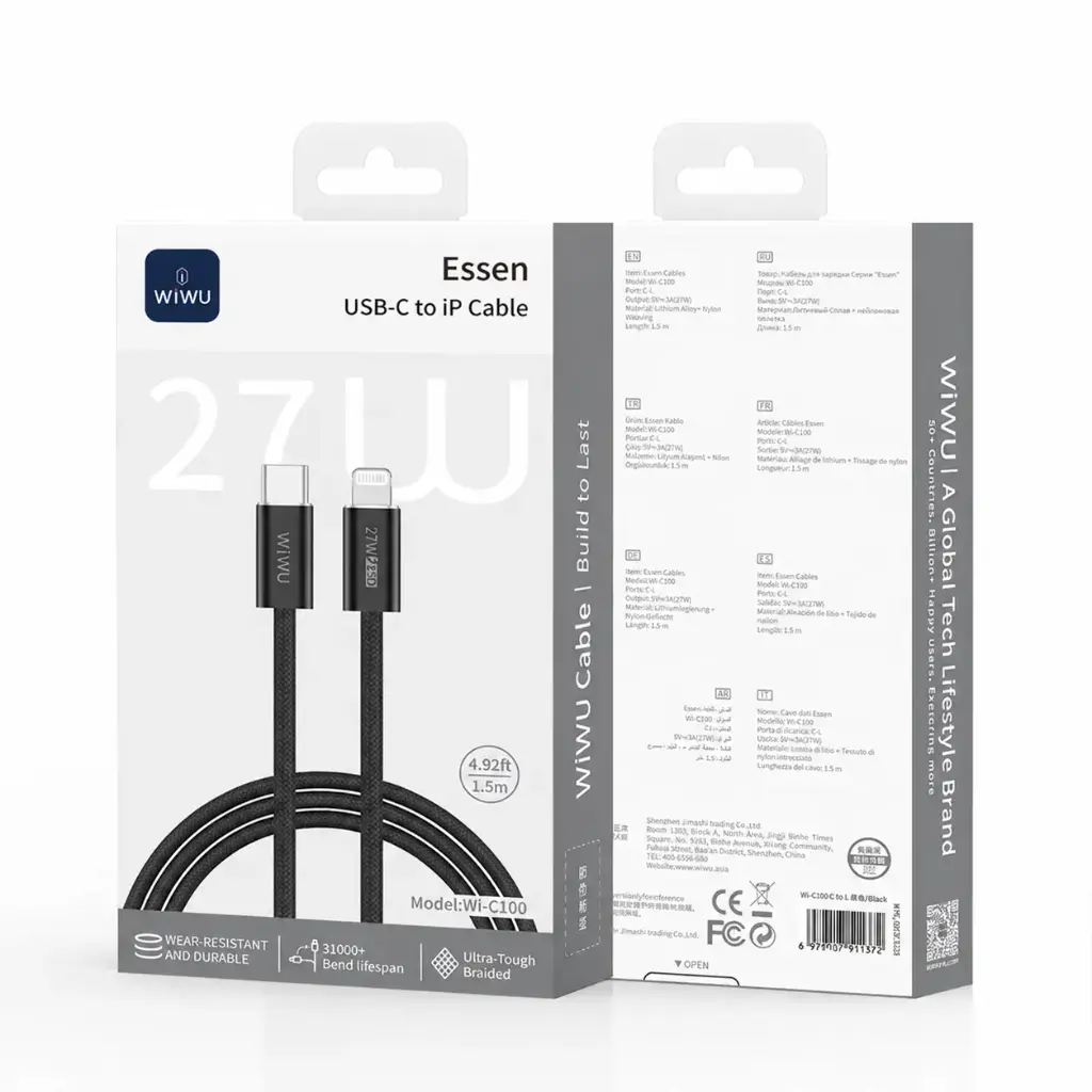 WiWU Essen Wi-C100 27W USB-C to Lightning Braided Cable 1.5m (Black)
