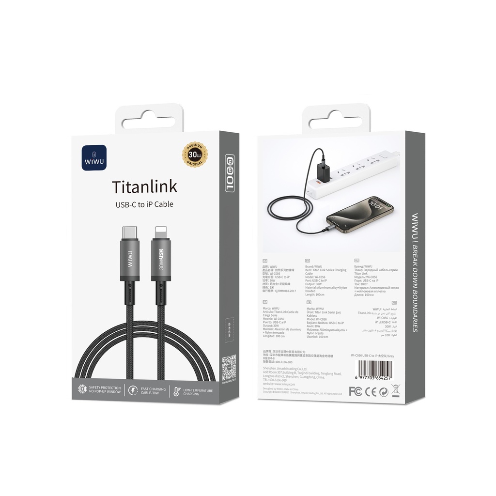 WiWU Titanlink Wi-C056 30W USB-C to Lightning Braided Cable 1m (Grey)