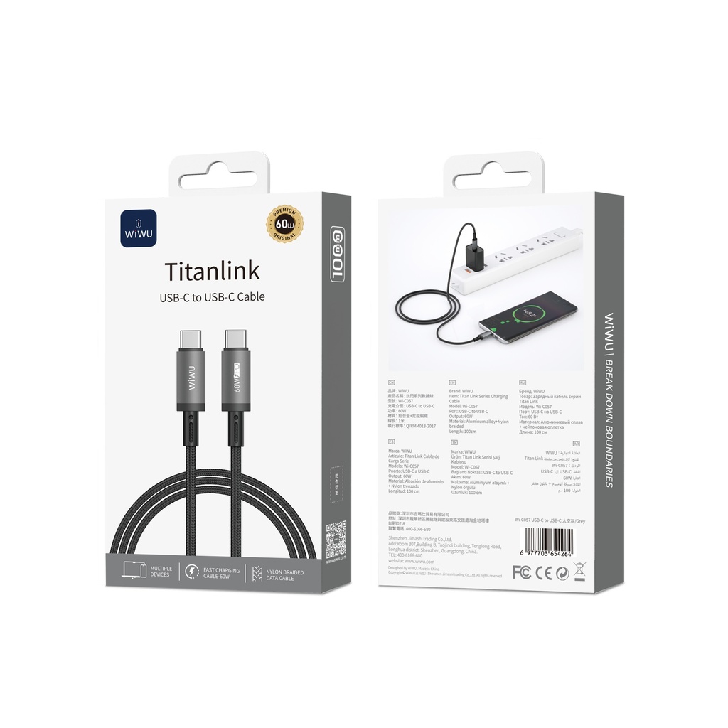 WiWU Titanlink Wi-C057 60W USB-C to USB-C Braided Cable 1m (Grey)