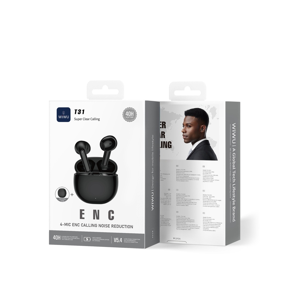 WiWU T31 ENC Wireless Earbuds (BT 5.3, 4-Mic ENC, IPX4) (Black)