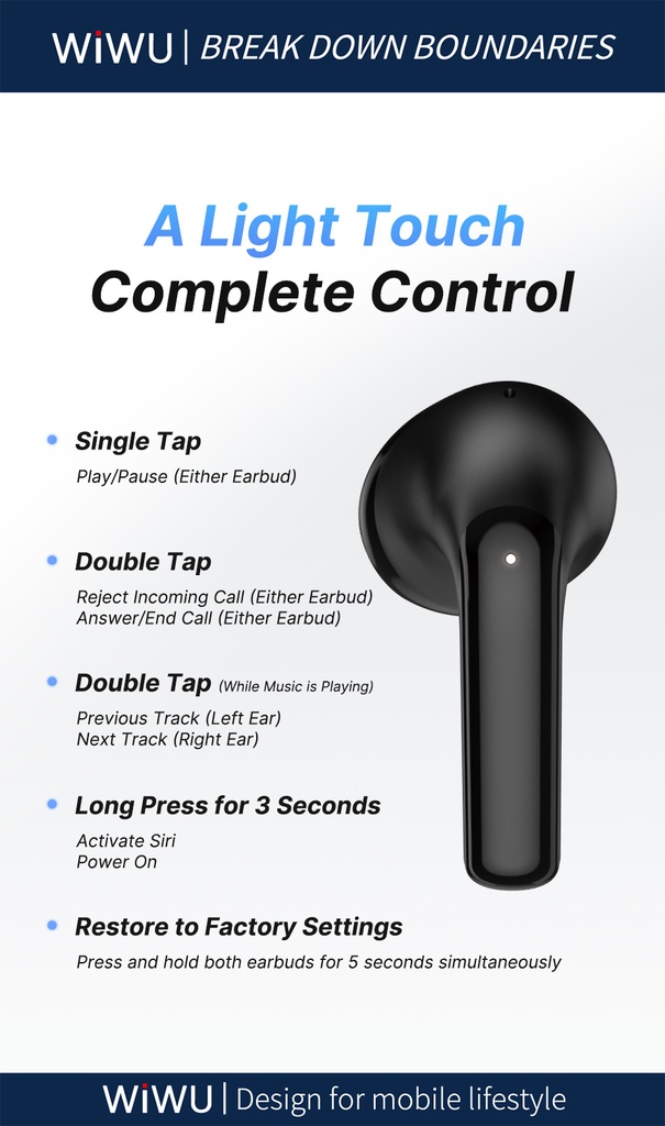 WiWU T31 ENC Wireless Earbuds (BT 5.3, 4-Mic ENC, IPX4) (Black)