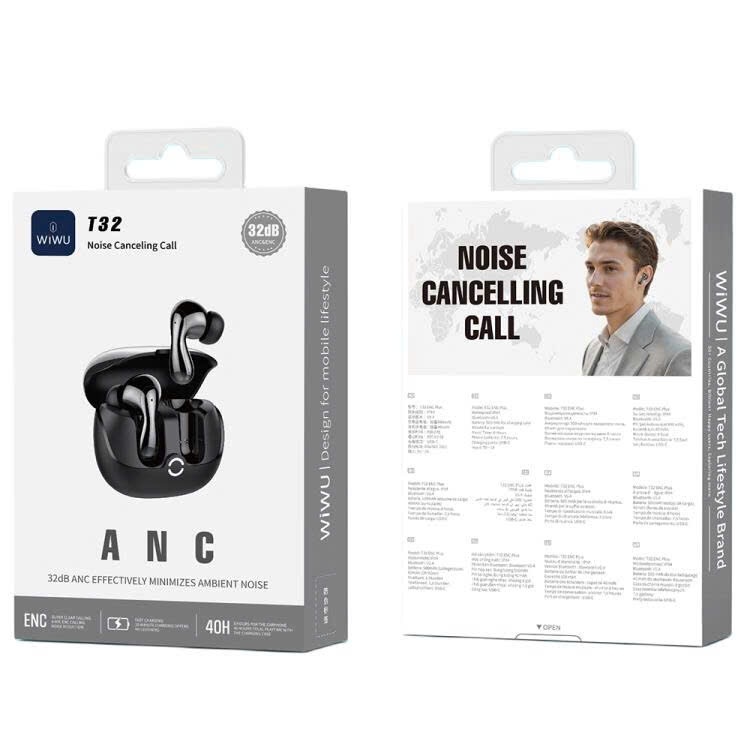 WiWU T32 ENC Plus Wireless Earbuds (BT 5.4, 32dB ANC + ENC, IPX4) (Black)