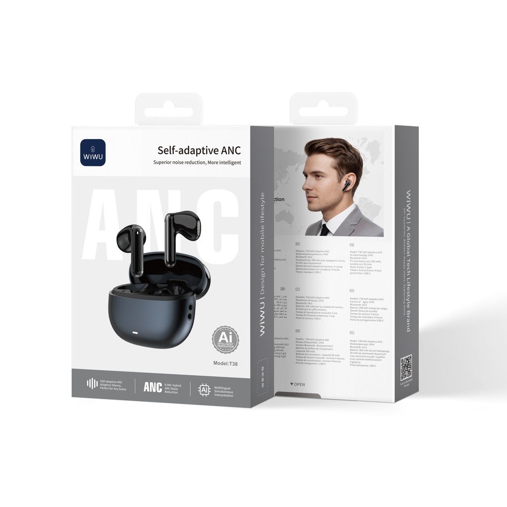 WiWU T38 Self-Adaptive ANC Wireless Earbuds (BT 6.0) (Black)