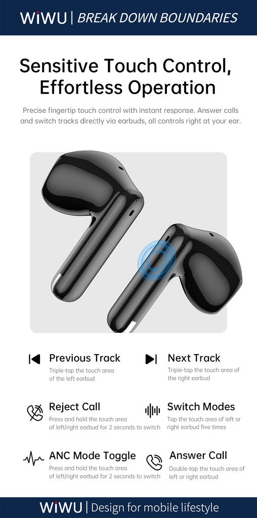 WiWU T38 Self-Adaptive ANC Wireless Earbuds (BT 6.0) (Black)