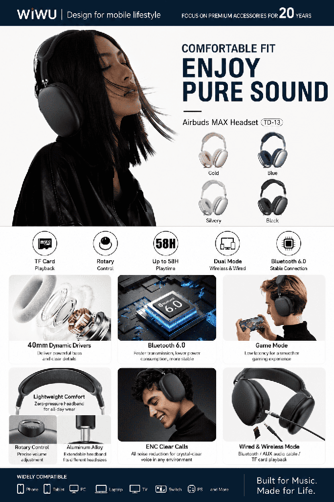 WiWU Airbuds MAX TD-13 Wireless Over-Ear Headset (BT 6.0, 58H Battery) (Black)