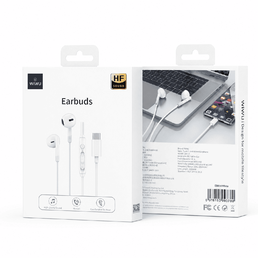 WiWU EB314 Type-C Wired Earphones (Ergonomic Sports Design) (White)