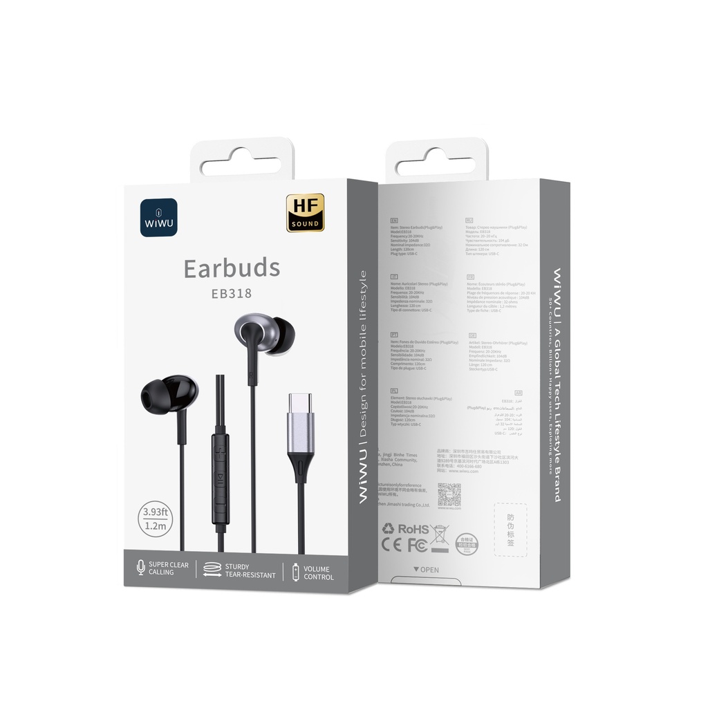 WiWU EB318 Type-C Stereo Wired Earbuds with Mic (Black)
