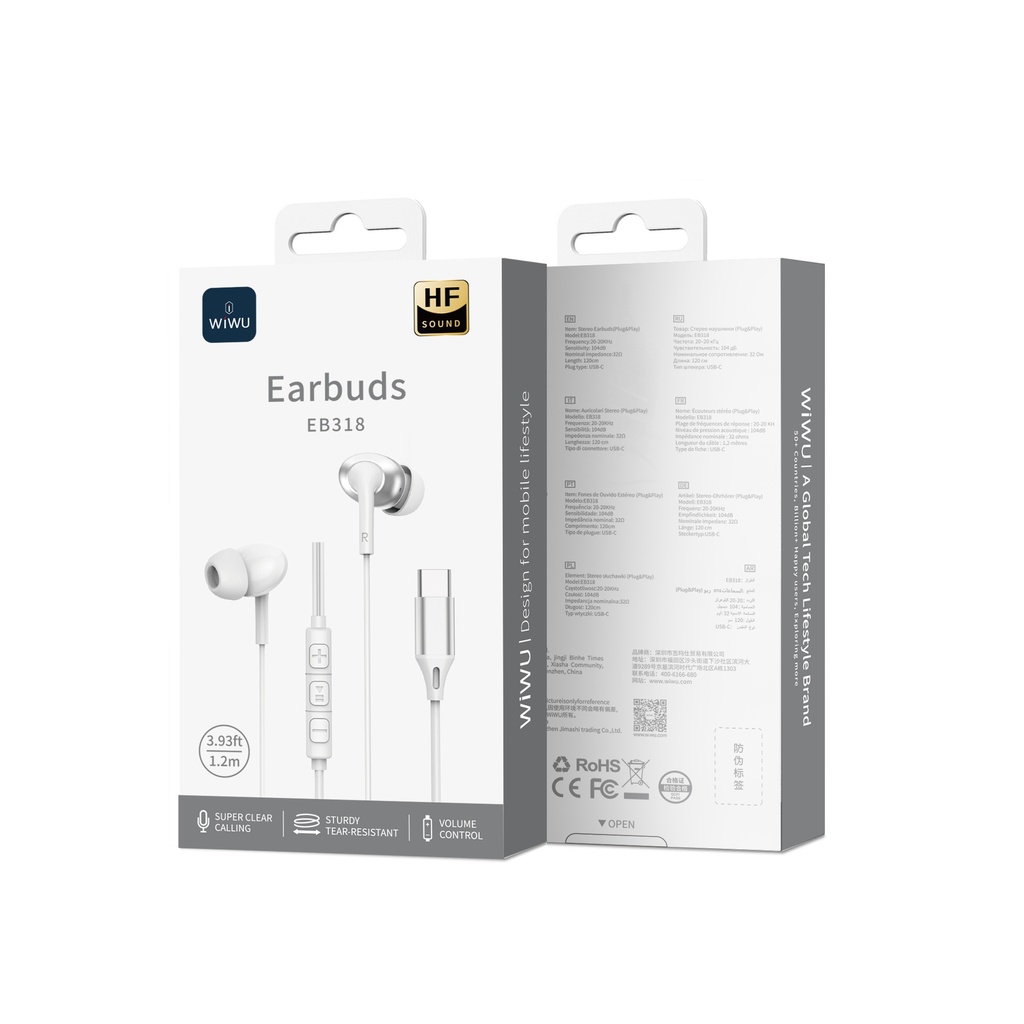 WiWU EB318 Type-C Stereo Wired Earbuds with Mic (White)