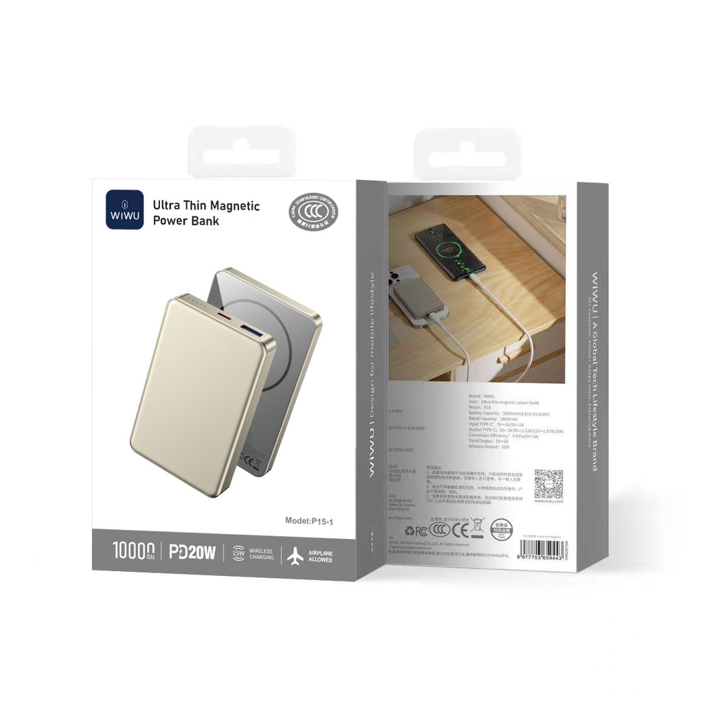 WiWU Ultra Thin P15-1 10000mAh Magnetic Wireless Power Bank (22W + 15W MagSafe) (Titanium Gold)