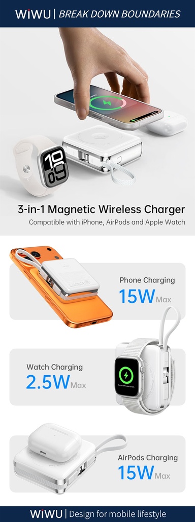 WiWU 3-in-1 Mag Plus XF17 10000mAh Magnetic Power Bank (15W Wireless) (White)