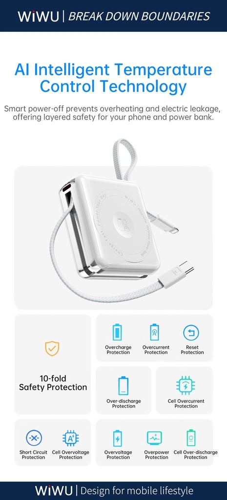 WiWU 3-in-1 Mag Plus XF17 10000mAh Magnetic Power Bank (15W Wireless) (White)