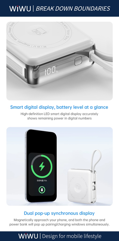 WiWU 3-in-1 Mag Plus XF17 10000mAh Magnetic Power Bank (15W Wireless) (White)