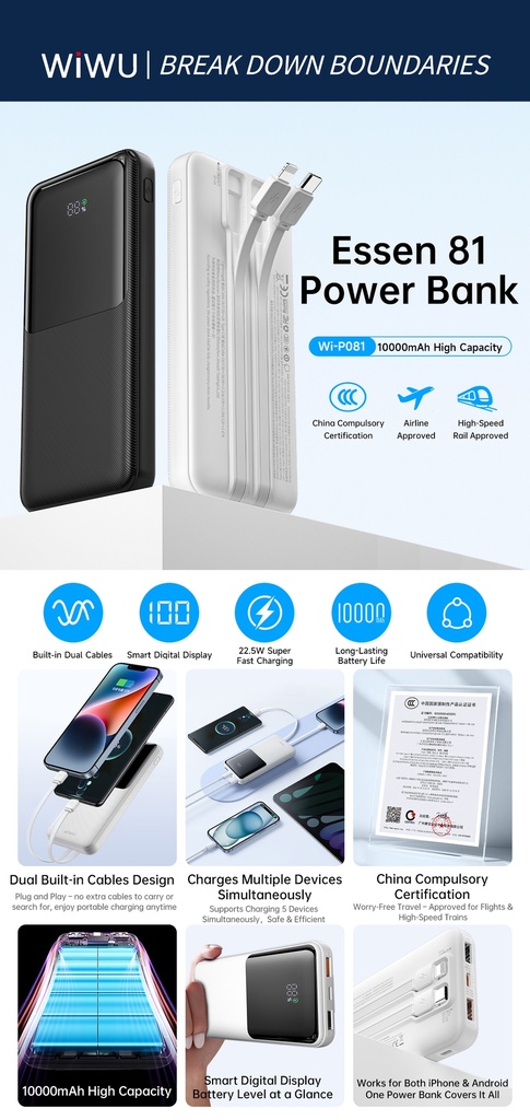 WiWU Essen Wi-P081 10000mAh Power Bank 22.5W (USB-C/USB-A, 3C Certified) (Black)