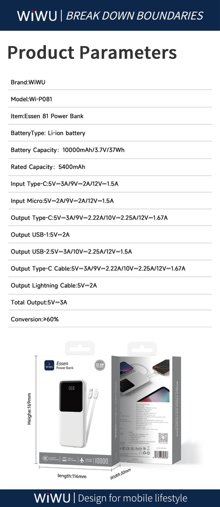 WiWU Essen Wi-P081 10000mAh Power Bank 22.5W (USB-C/USB-A, 3C Certified) (Black)