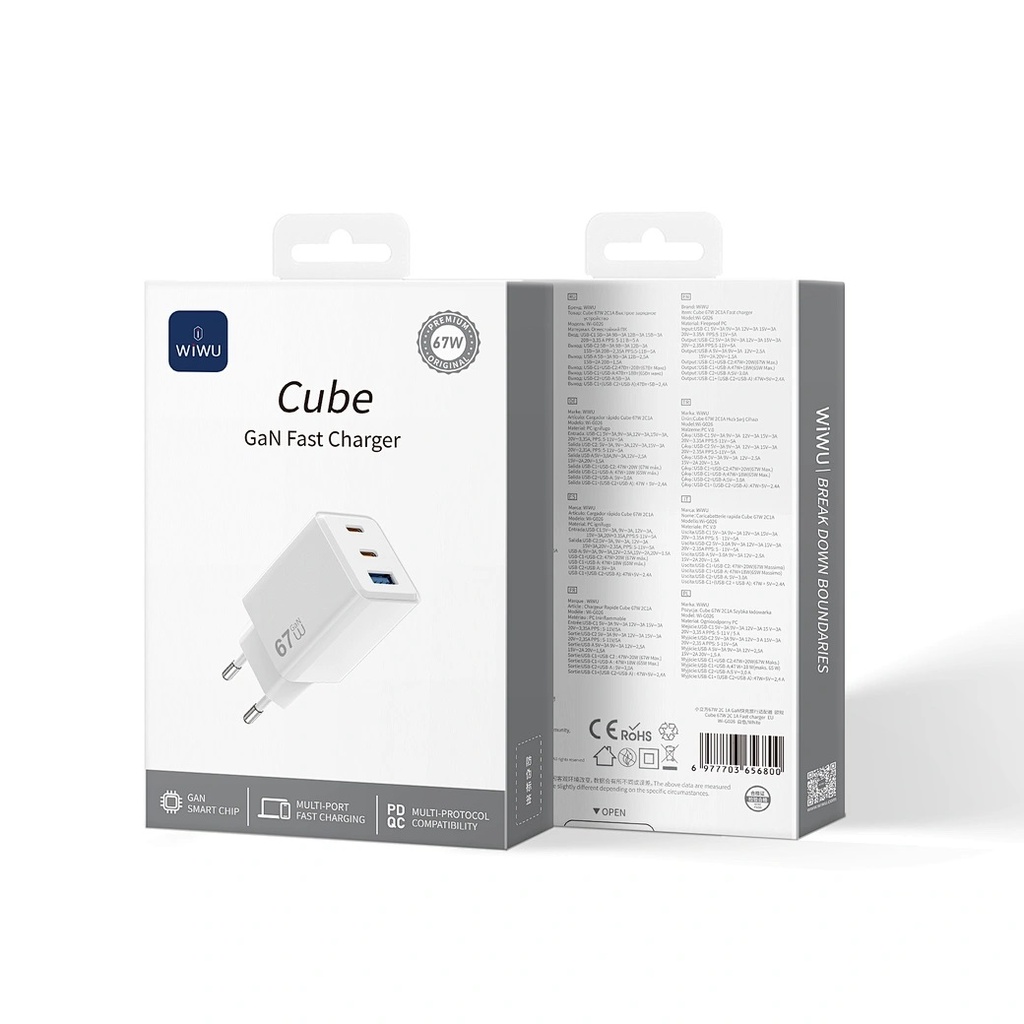 WiWU Cube Wi-G026 67W GaN Fast Charger (2x USB-C + USB-A) (White)