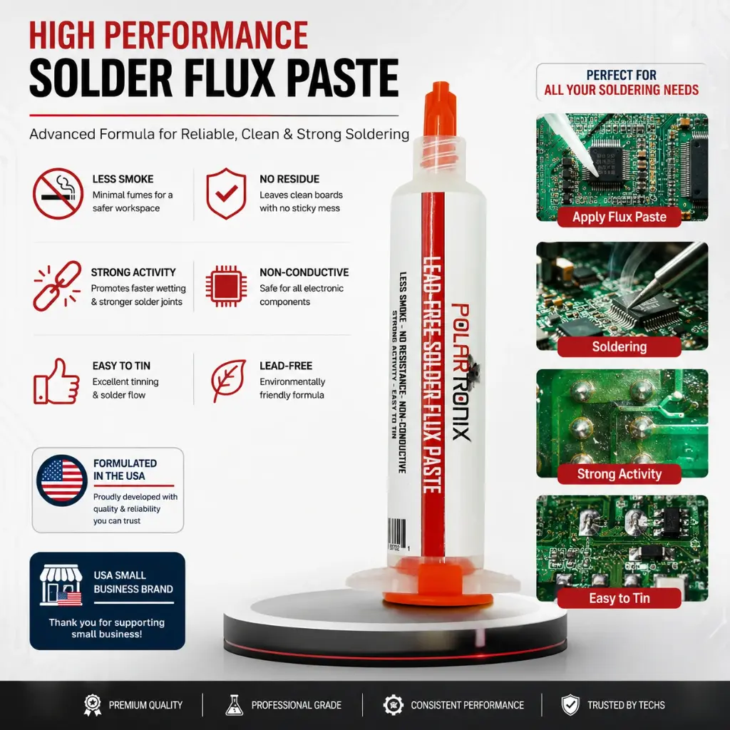 Polartronix Lead-Free No-Clean Solder Flux Paste – Halogen-Free, Low-Smoke Formula for SMD/BGA/PCB Repair, 10cc/16g Syringe (FL-101)