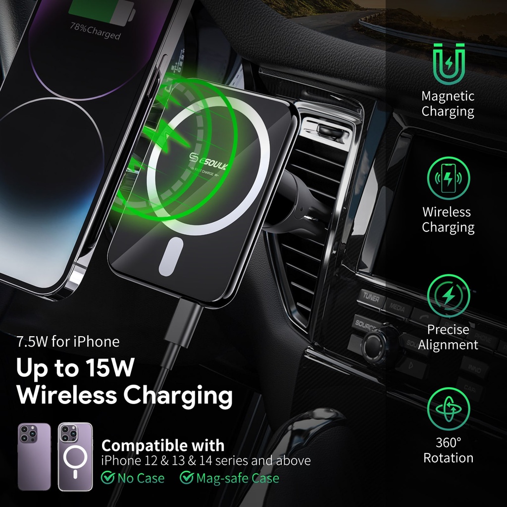 Esoulk 15W Magnetic Wireless Charger Air Vent Car Mount