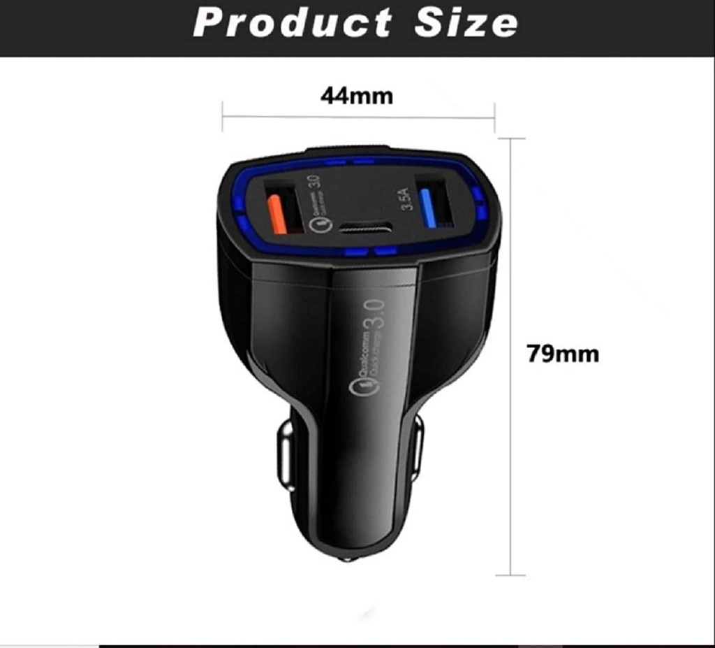 Qualcomm Quick Charge 3.0 Car Charger 3-Port (1 Type-C, 2 USB)