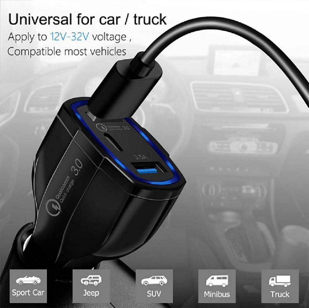 Qualcomm Quick Charge 3.0 Car Charger 3-Port (1 Type-C, 2 USB)