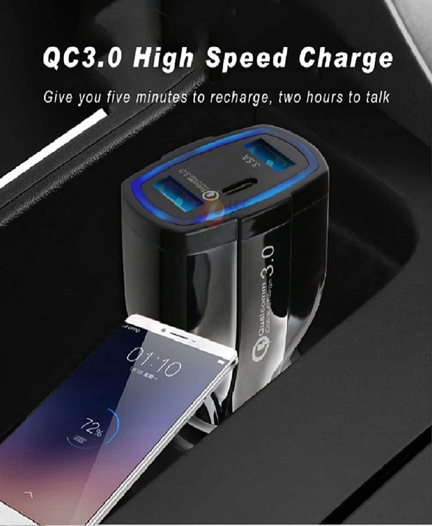 Qualcomm Quick Charge 3.0 Car Charger 3-Port (1 Type-C, 2 USB)