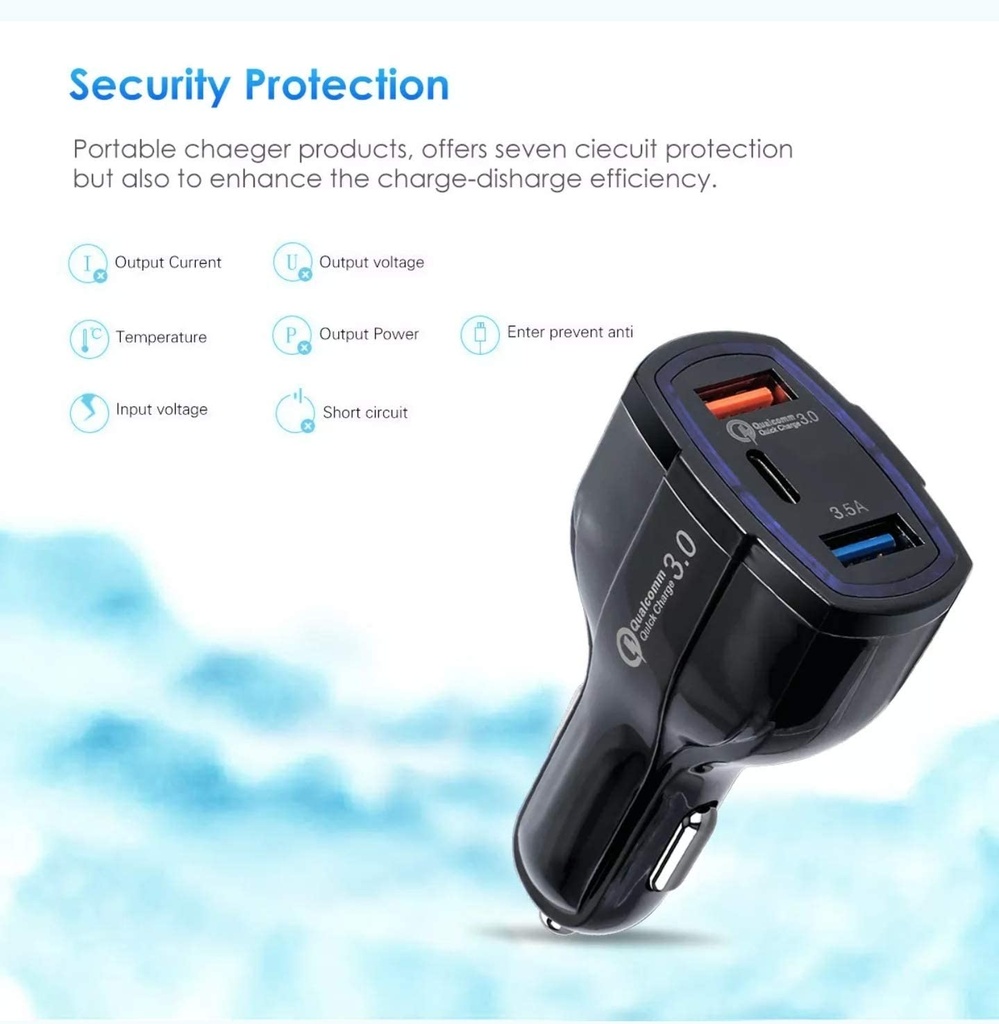 Qualcomm Quick Charge 3.0 Car Charger 3-Port (1 Type-C, 2 USB)