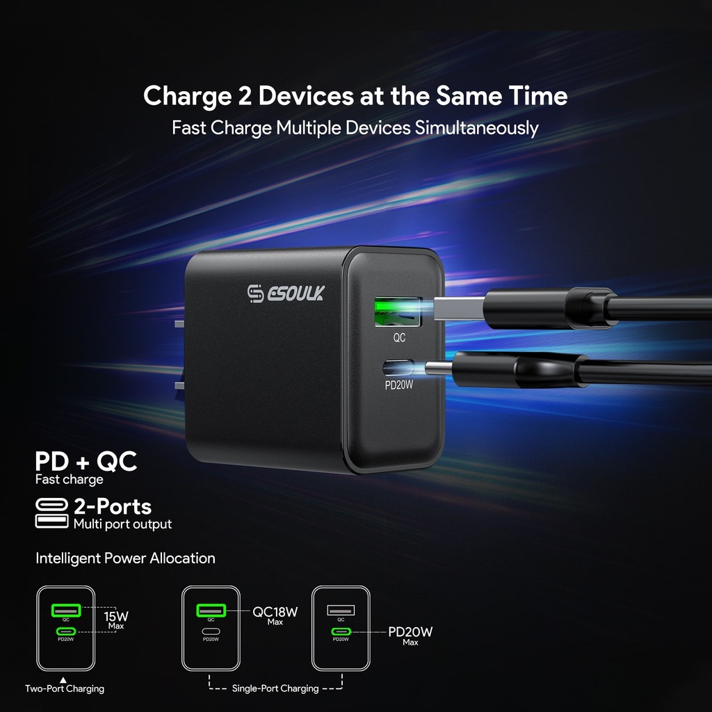 Esoulk 20W PD&QC Wall Charger - Black (12 PCs)