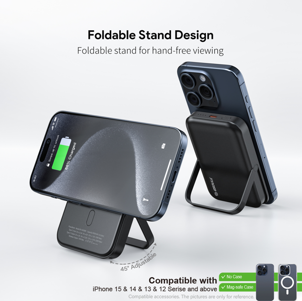 Esoulk 5000mAh Magnetic 15W Wireless Charge Power Bank With Foldable Stand