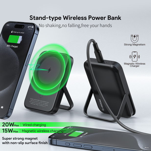 Esoulk 5000mAh Magnetic 15W Wireless Charge Power Bank With Foldable Stand