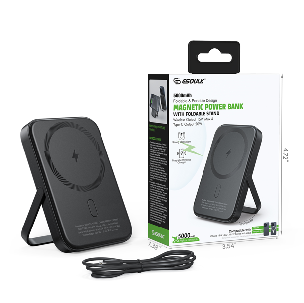 Esoulk 5000mAh Magnetic 15W Wireless Charge Power Bank With Foldable Stand