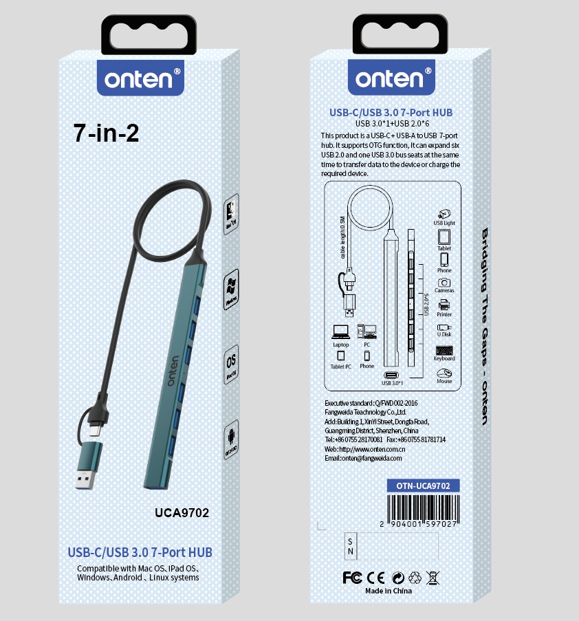 Onten OTN-UCA9702 USB-C / USB 3.0 Hub, USB 2.0x6 + USB 3.0   (7 in 2)