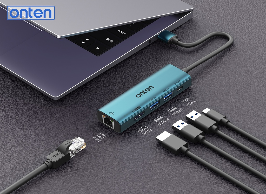 Onten OTN-US125  USB 3.0 to HDMl + RJ45 (100m) + USB3.0 + USB2.0 + Type-C Adapter (5 in 1)