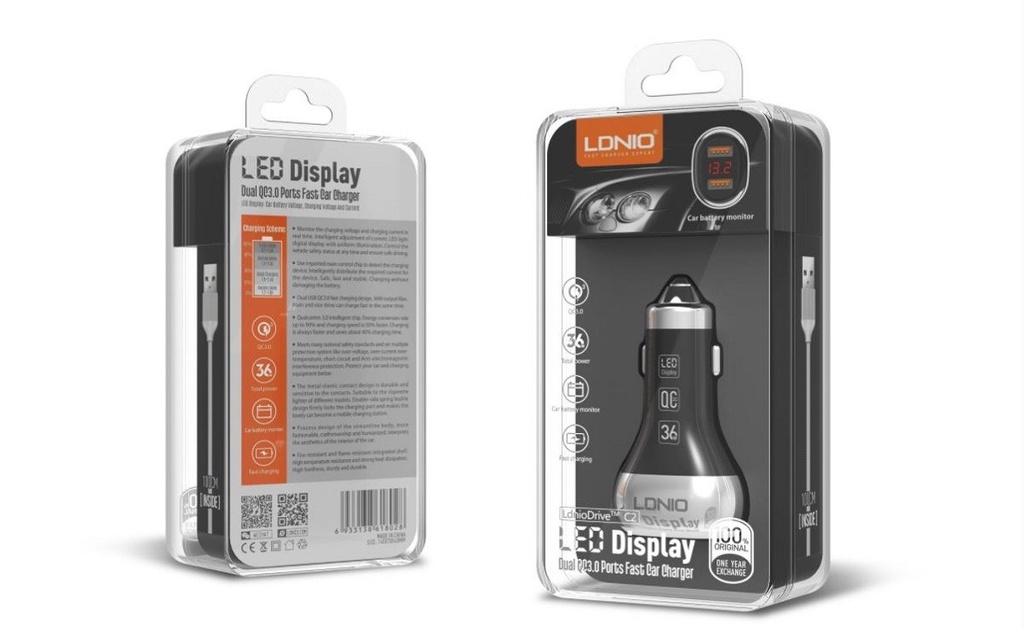 LDNIO C2QC 3.0 Fast Car Charger LED Display with USB A to Lightning Charging Cable (3ft) (36W)
