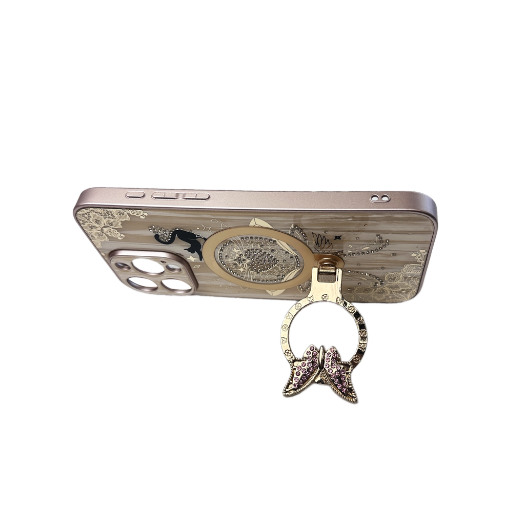 Butterfly Gold Ring Case for iPhone 15 Pro Max - Gold