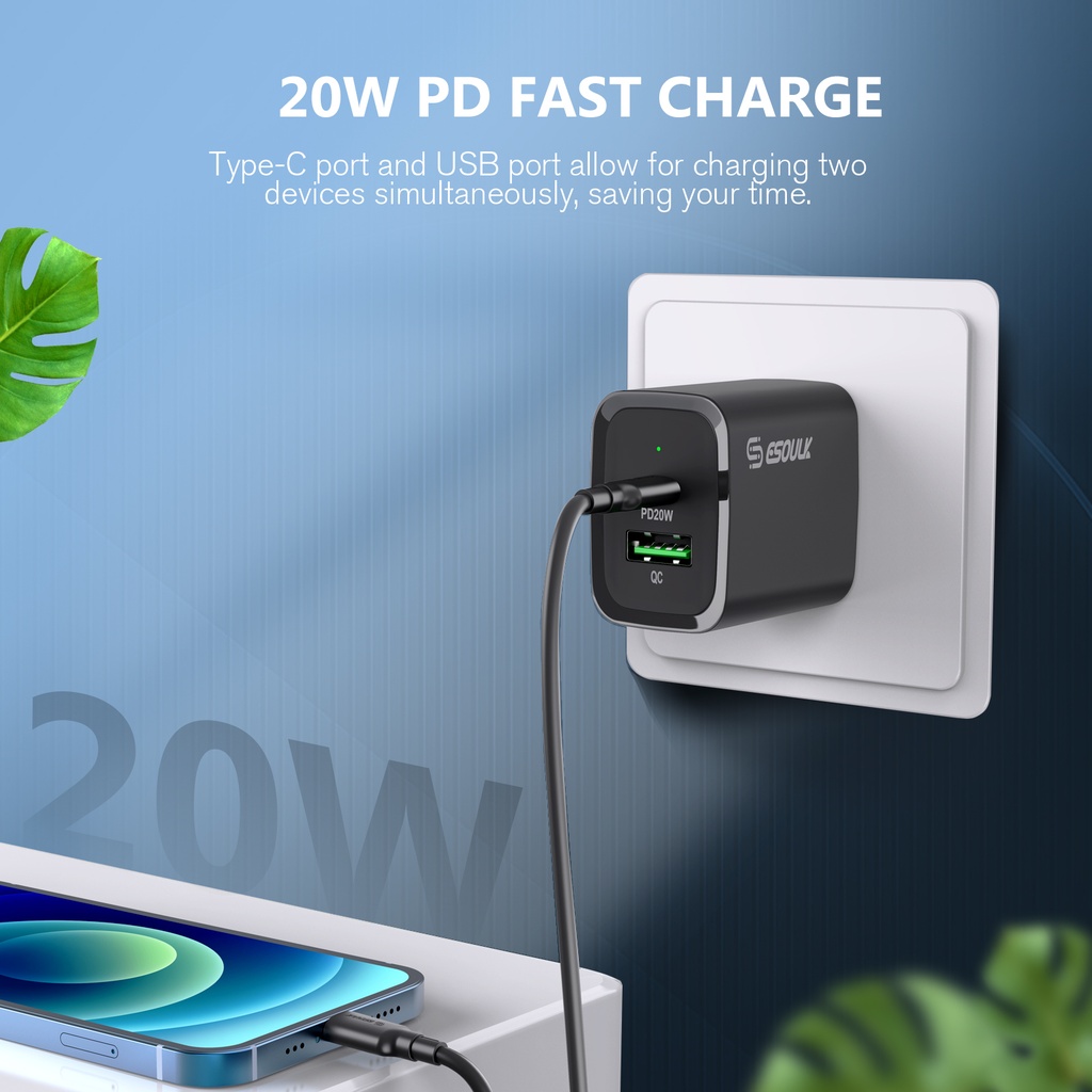 Esoulk 20W PD/QC Wall Charger & Cable (5ft) for Type-C to 8 Pin - Black